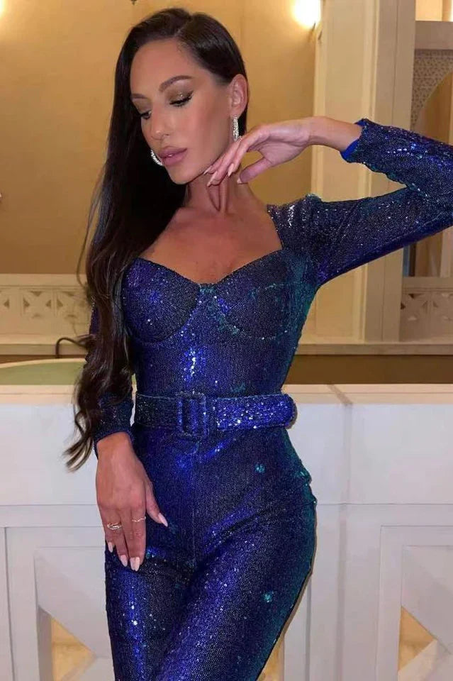 Pailletten-Jumpsuit mit Korsett-Detail und ausgestelltem Bein