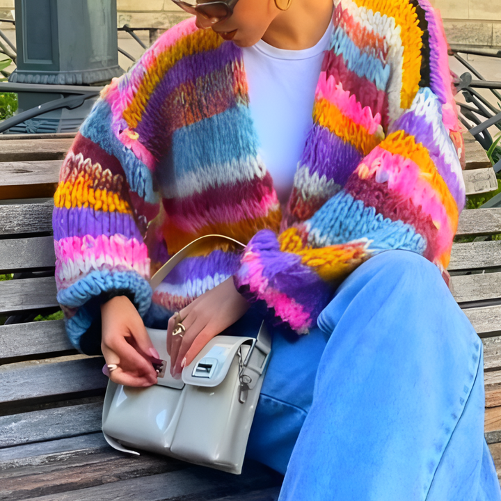 Damen-Strickjacke mit Streifen und offenem Vorderteil