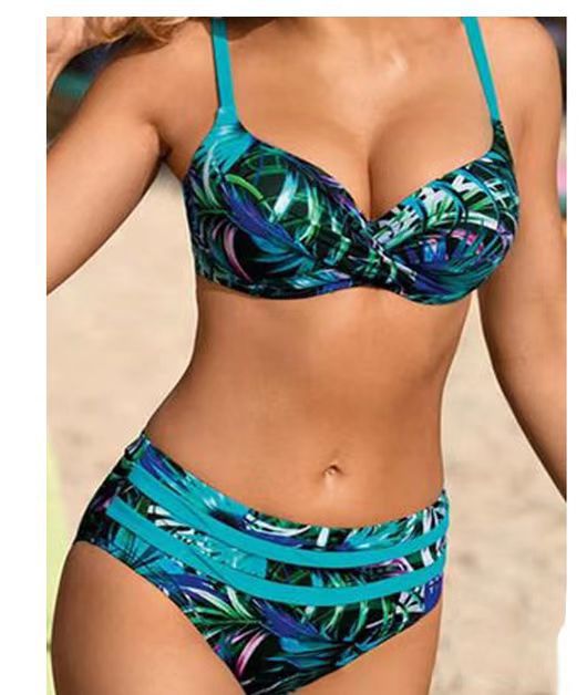 Bikini mit hoher Taille und tropischem Blattprint