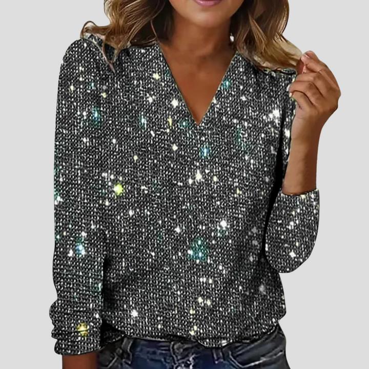 Elegante Glitzerbluse mit V-Ausschnitt und langen Ärmeln