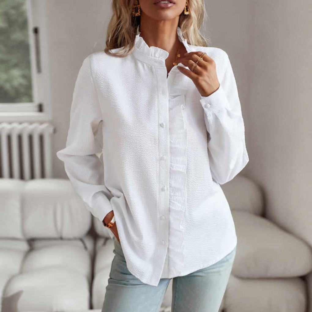 Strukturierte Button-Down-Bluse mit Rüschenbesatz