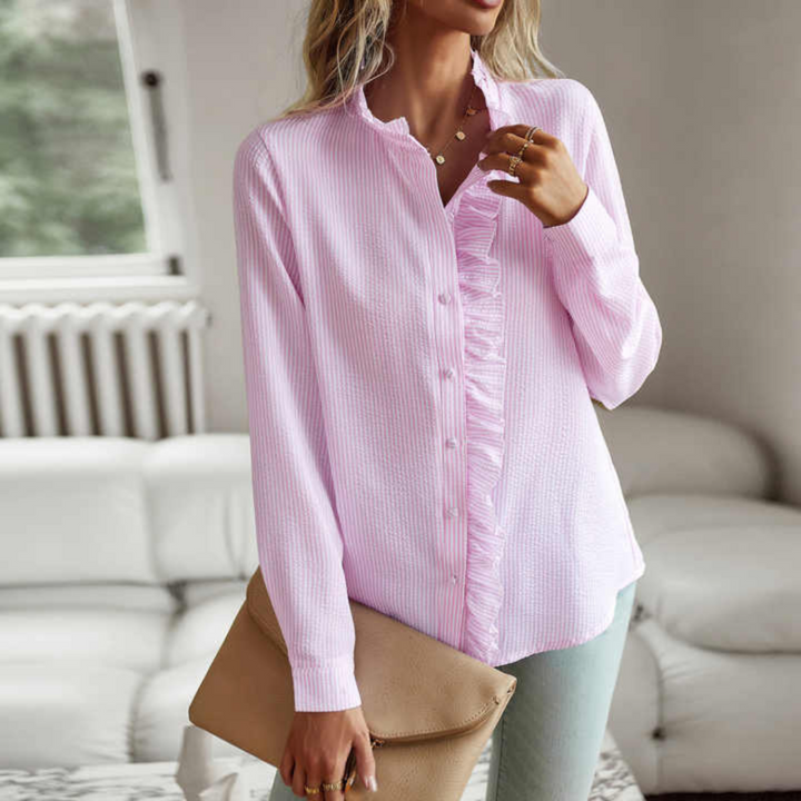 Strukturierte Button-Down-Bluse mit Rüschenbesatz