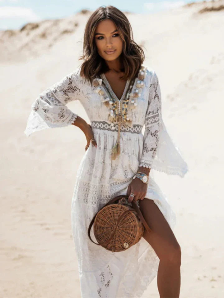 Bohemian Maxikleid mit Spitze und eleganten ausgestellten Ärmeln