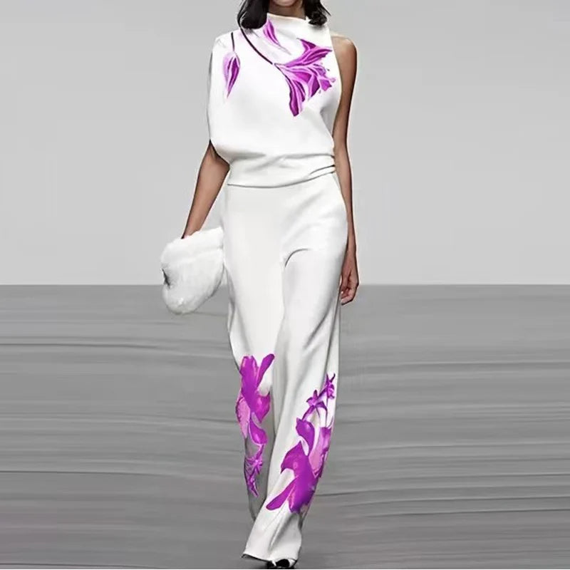 Ärmelloses zweiteiliges bedrucktes Set mit hohem Kragen