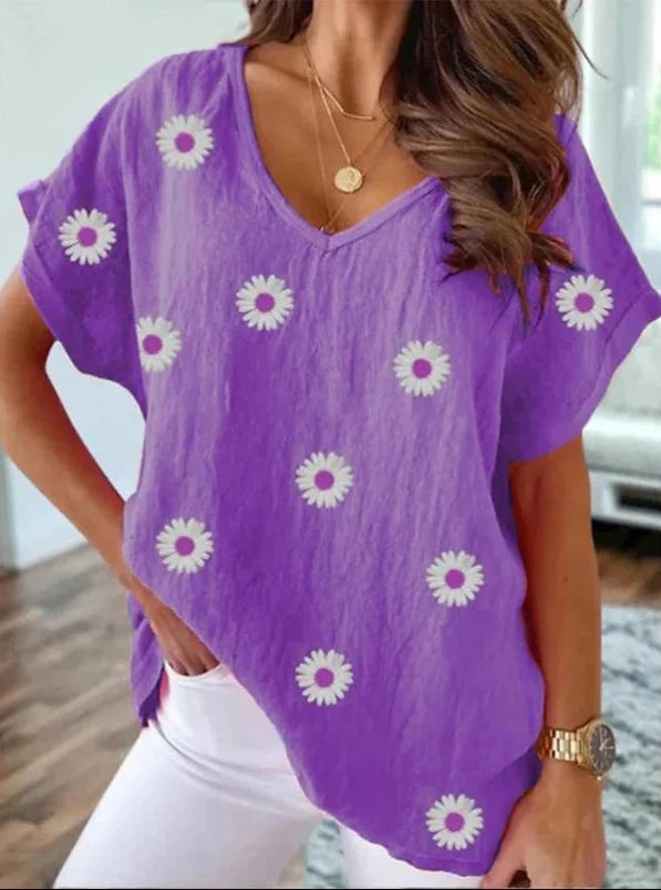 V-Ausschnitt T-Shirt mit 3D-Blumenprint