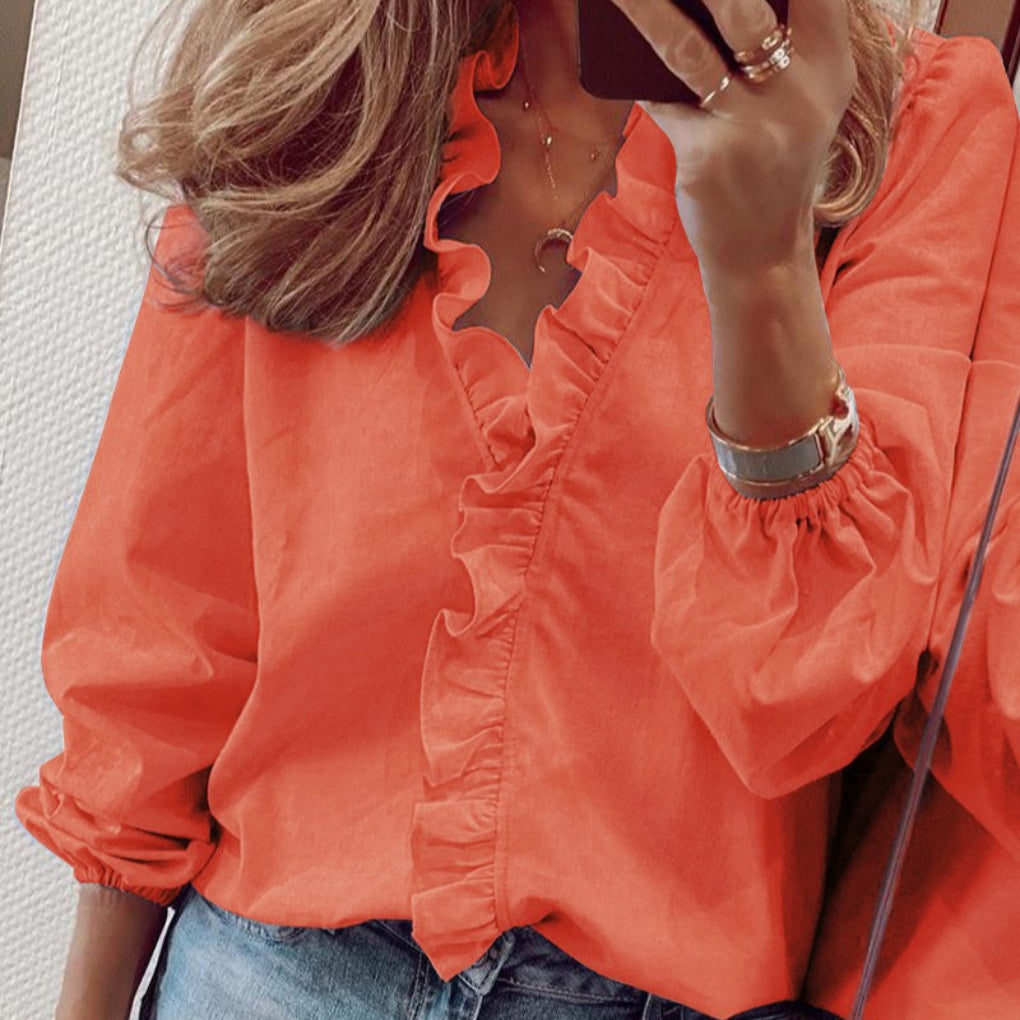 Blaugrüne Bluse mit Rüschenbesatz und Puffärmeln