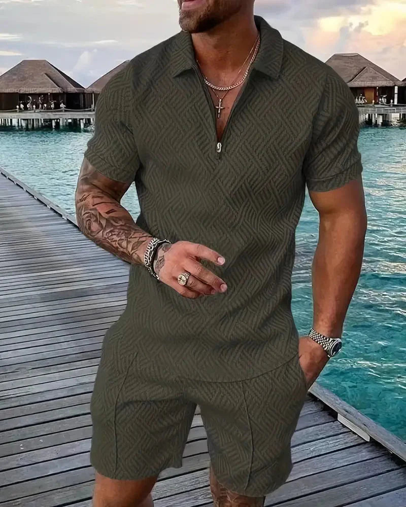 Lässiges Sommer-Trainingsanzug-Outfit mit Reißverschlusskragen