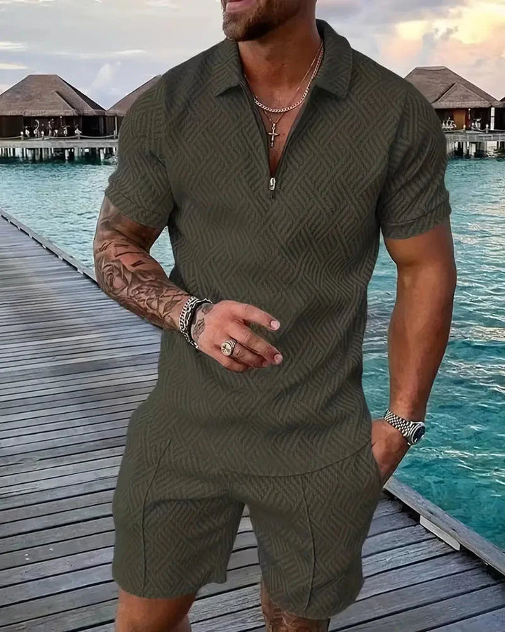 Lässiges Sommer-Trainingsanzug-Outfit mit Reißverschlusskragen