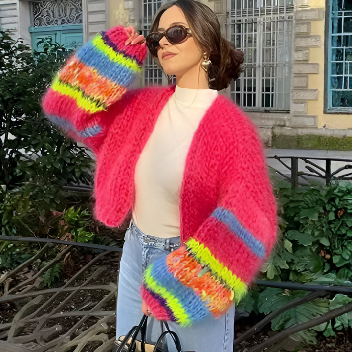 Damen-Strickjacke mit Streifen und offenem Vorderteil