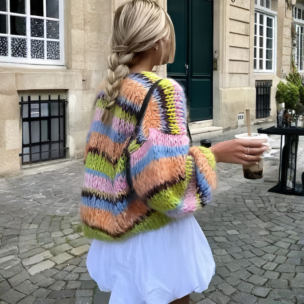 Damen-Strickjacke mit Streifen und offenem Vorderteil