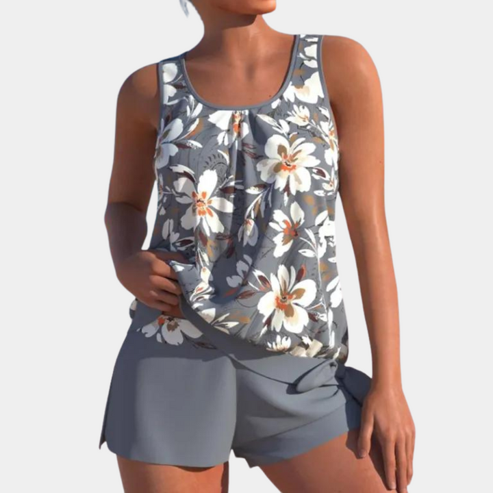 Eleganter Damen-Badeanzug mit verspieltem Print und inkludierter Shorts