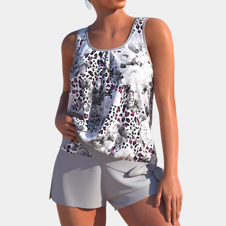 Eleganter Damen-Badeanzug mit verspieltem Print und inkludierter Shorts