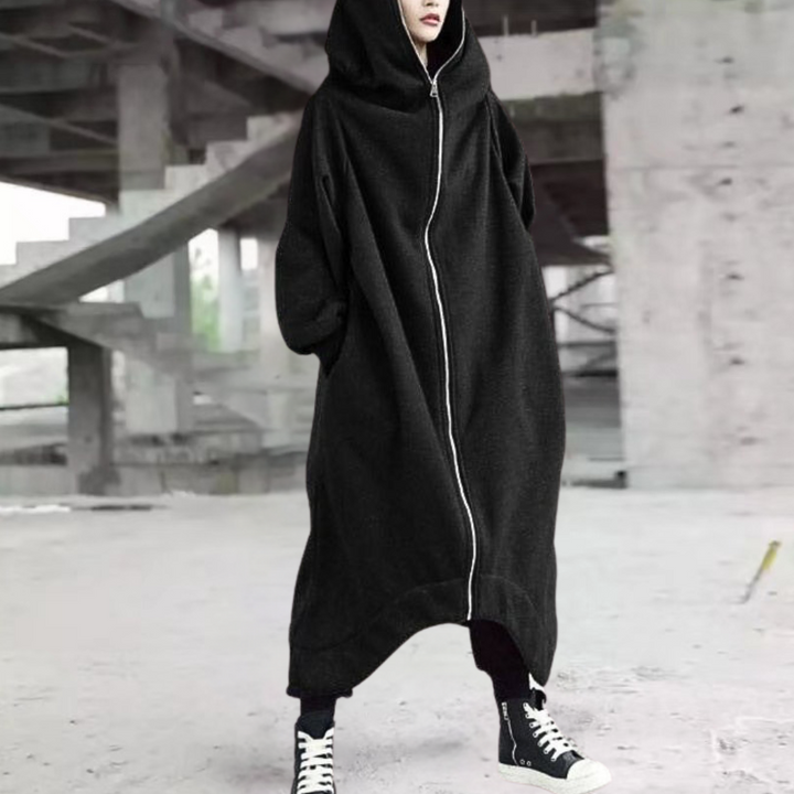 Oversize Damenmantel mit Kapuze und Reißverschluss