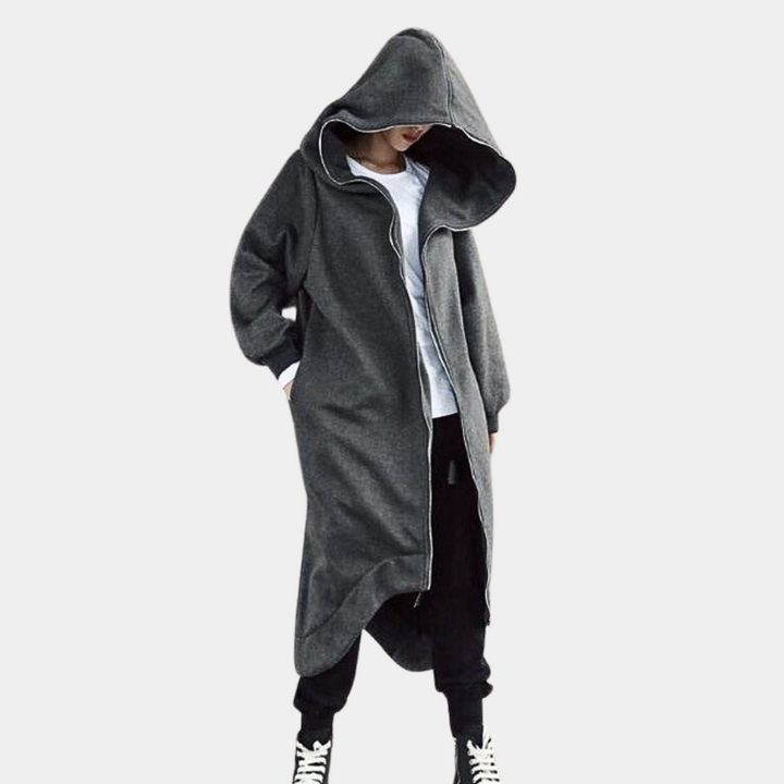 Oversize Damenmantel mit Kapuze und Reißverschluss