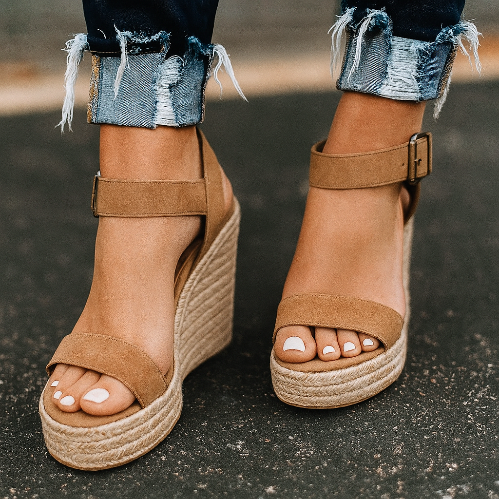 Offene Keilsandalen mit Espadrille-Absatz