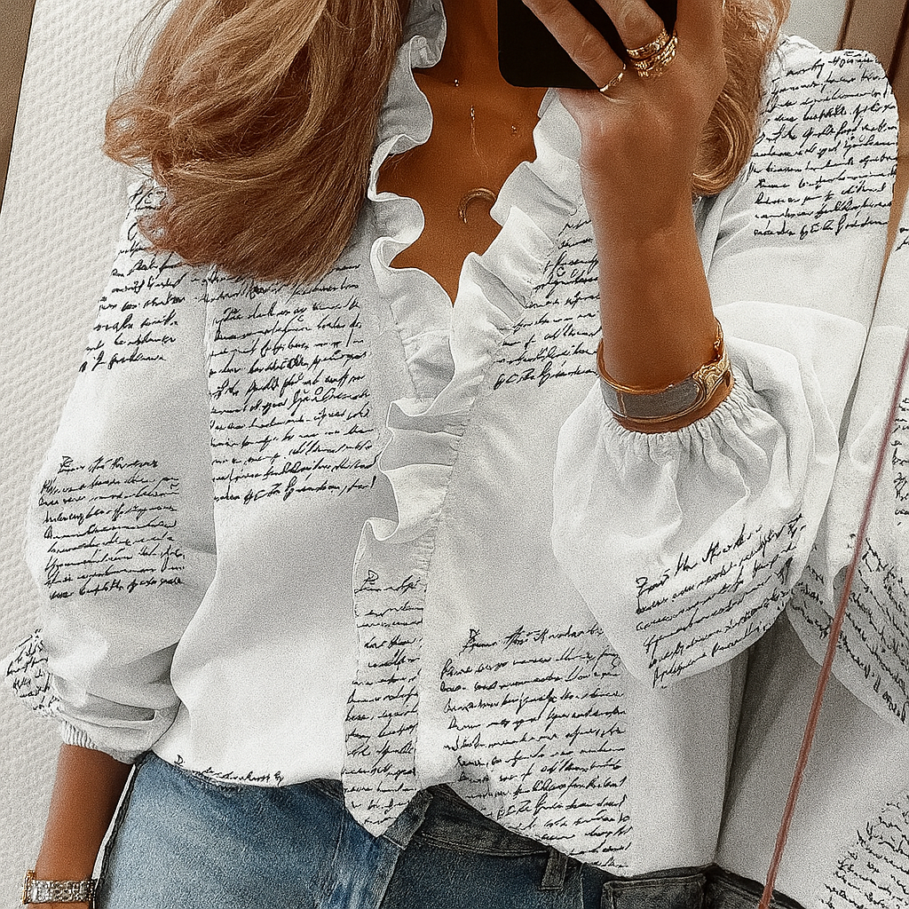 Blaugrüne Bluse mit Rüschenbesatz und Puffärmeln