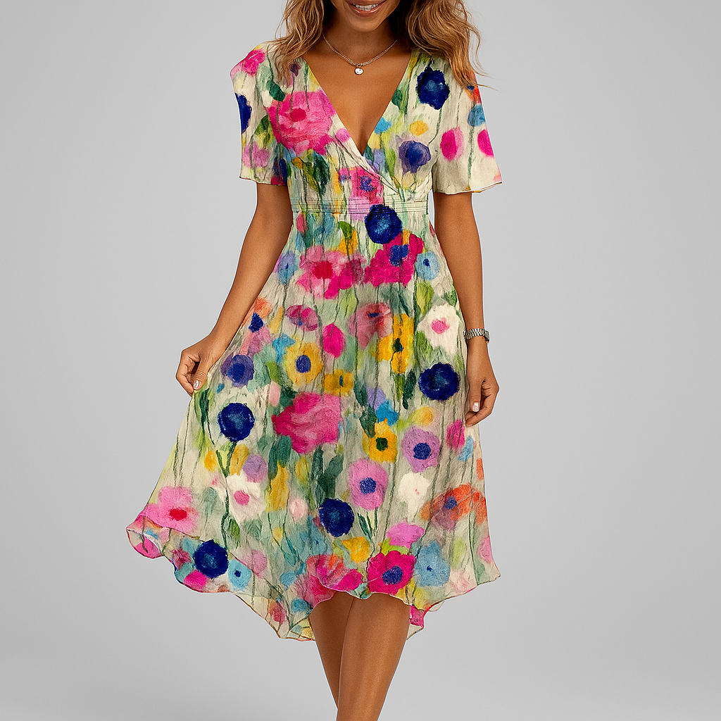 Elegantes bedrucktes Kleid mit tiefem V-Ausschnitt