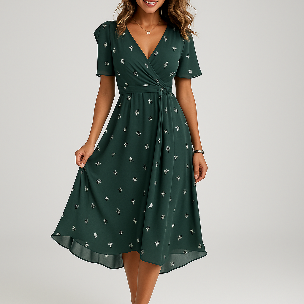 Elegantes bedrucktes Kleid mit tiefem V-Ausschnitt