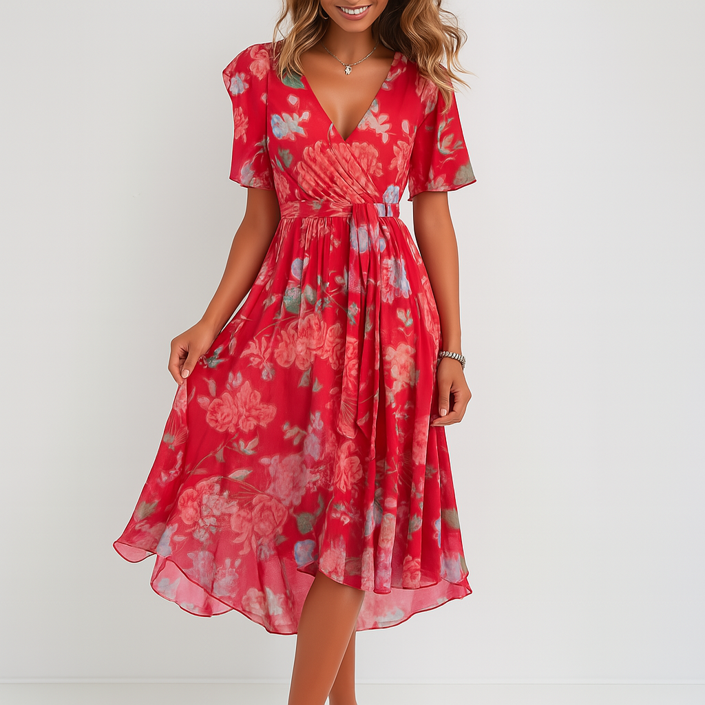 Elegantes bedrucktes Kleid mit tiefem V-Ausschnitt