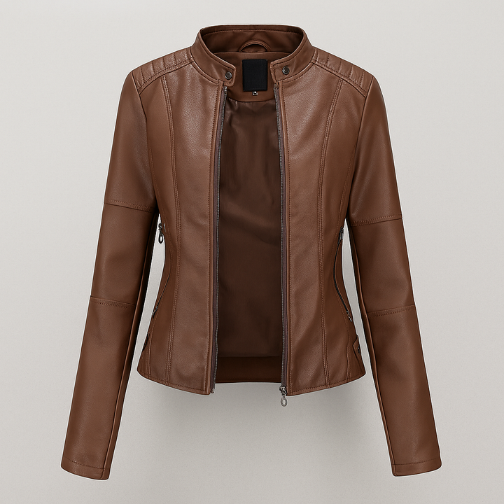 Taillierte rote Leder-Motorradjacke für Damen