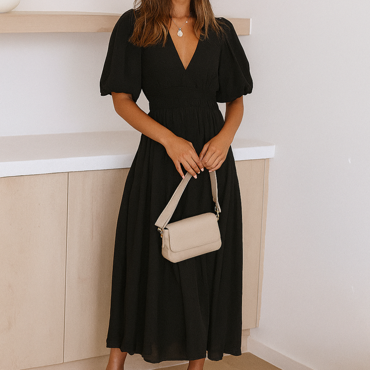 Damen-Midikleid mit V-Ausschnitt und elastischer Taille