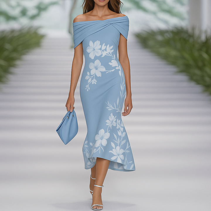 Schulterfreies, drapiertes Blumenkleid