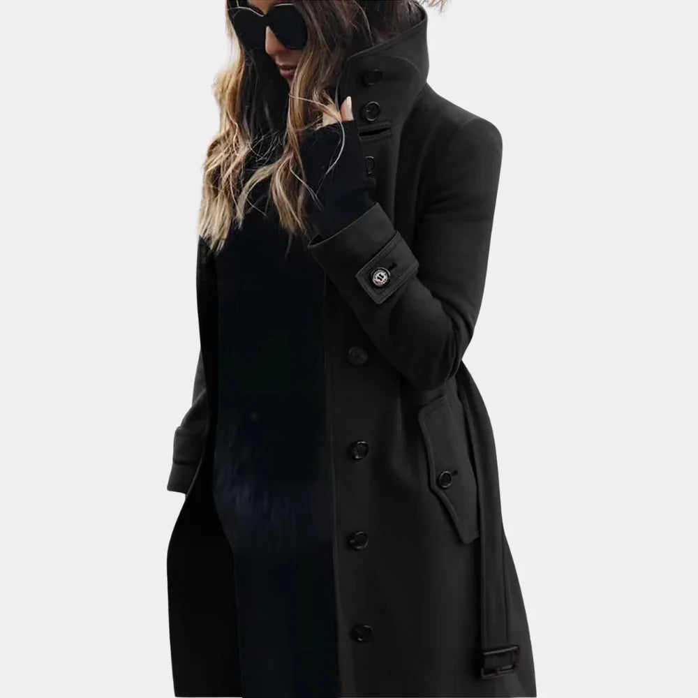 Eleganter Damen-Trenchcoat mit hoher Kragen und Taillengürtel