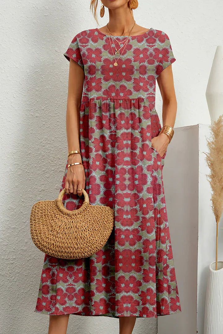 Midikleid im Bohemian-Stil mit Blumenmuster und Flügelärmeln