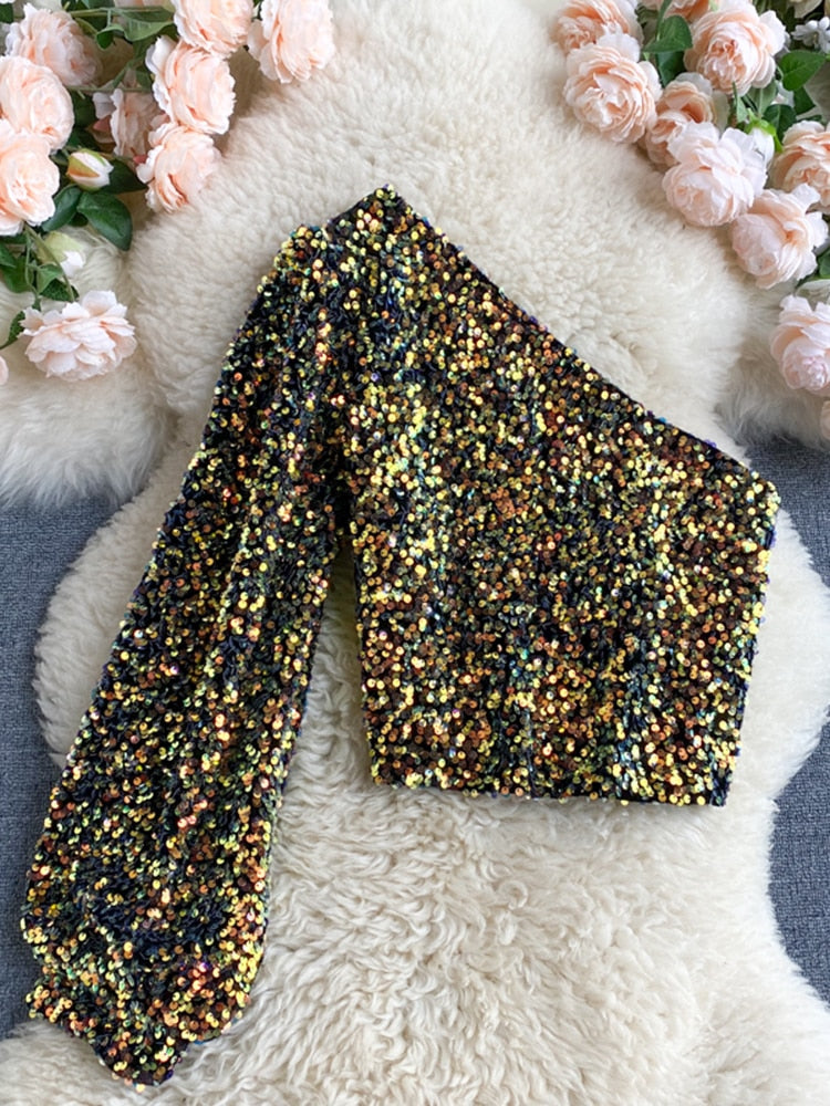 Fleur Glitter One Shoulder Top Farromode afbeelding 12