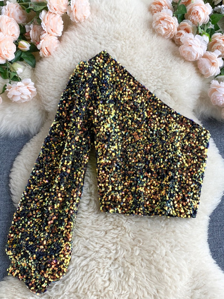 Fleur Glitter One Shoulder Top Farromode afbeelding 12