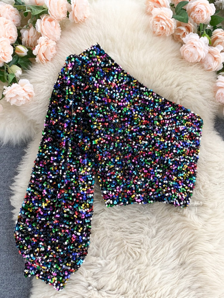 Fleur Glitter One Shoulder Top Farromode afbeelding 16