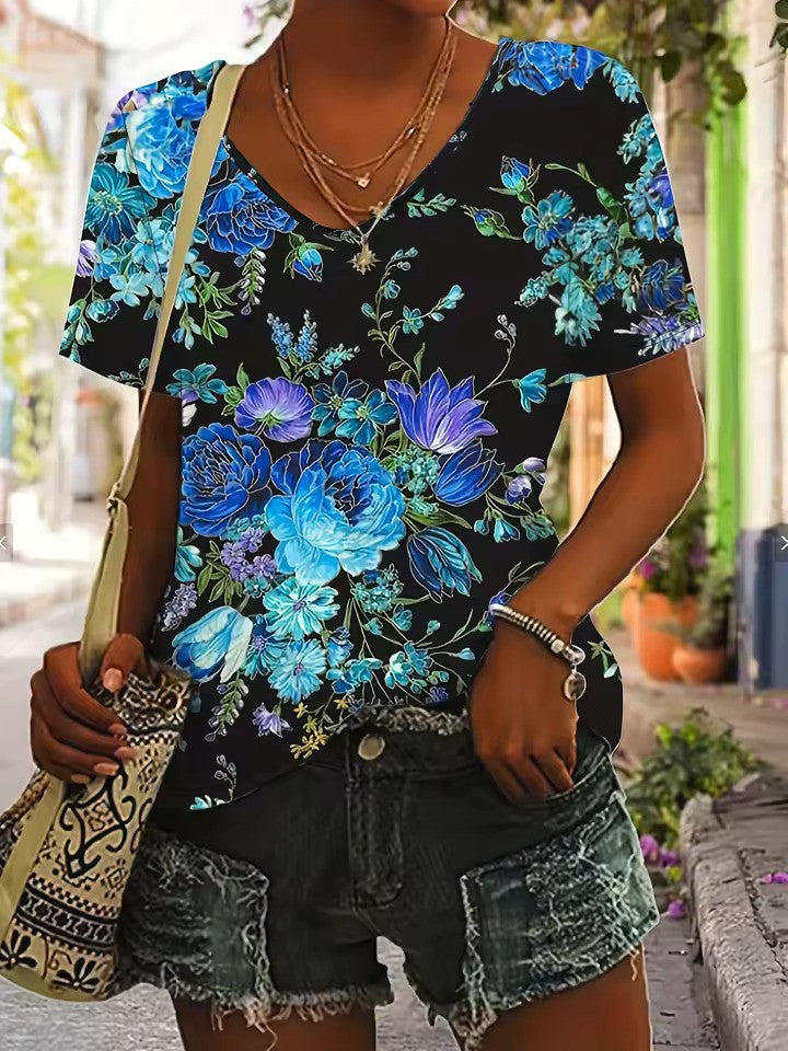 Retro V-Ausschnitt T-Shirt für Damen