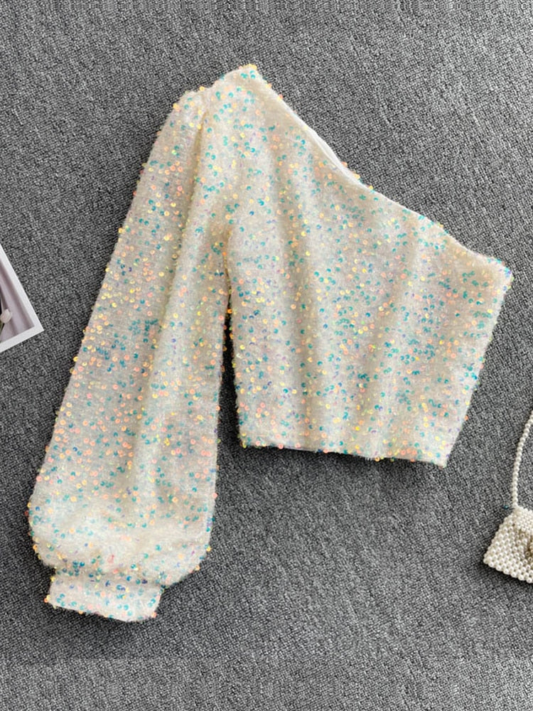 Fleur Glitter One Shoulder Top Farromode afbeelding 15