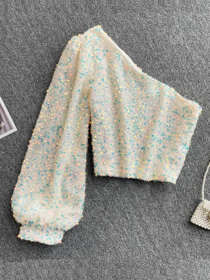 Fleur Glitter One Shoulder Top Farromode afbeelding 15