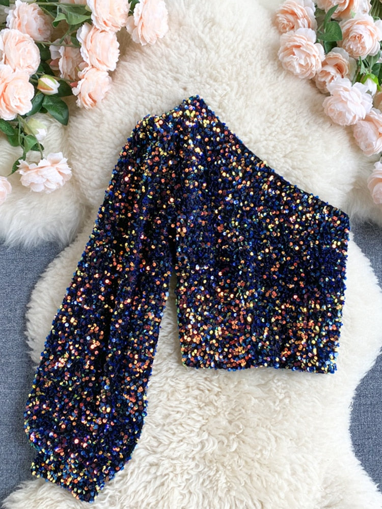 Fleur Glitter One Shoulder Top Farromode afbeelding 3