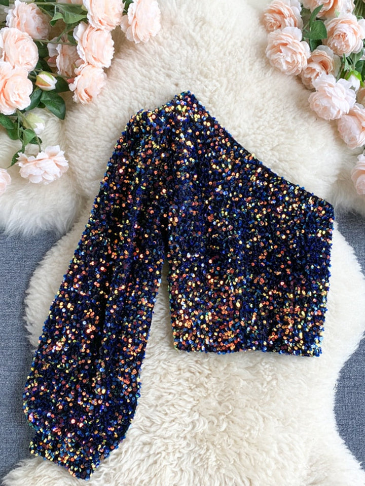 Fleur Glitter One Shoulder Top Farromode afbeelding 3