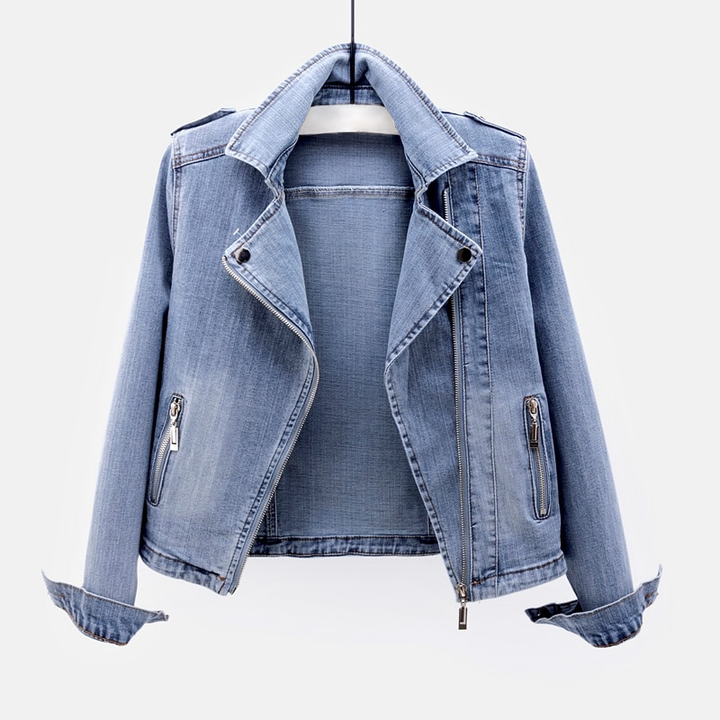 Damen-Denim-Jacke mit Asymmetrischem Reißverschluss und Stehkragen