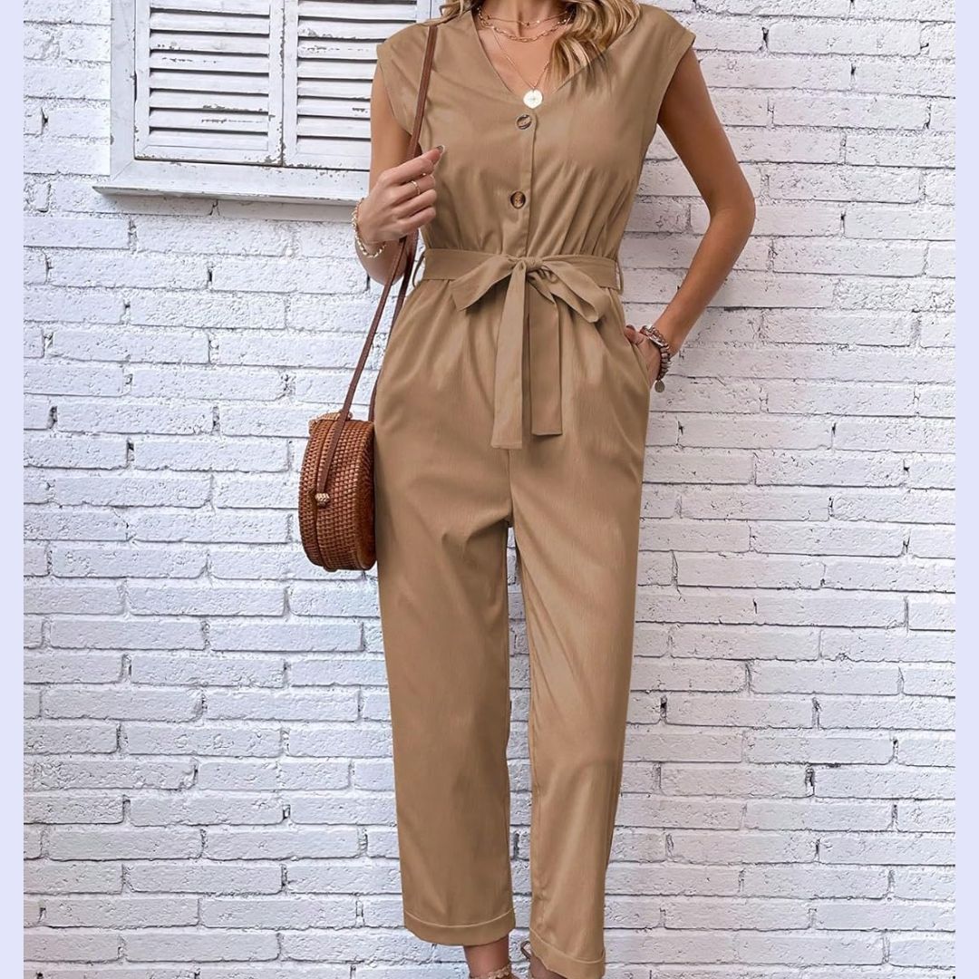 Kurzarm-Jumpsuit mit V-Ausschnitt für Damen