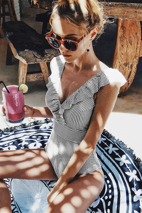 Retro Gestreept Badpak mit V-Ausschnitt und Hoher Taille