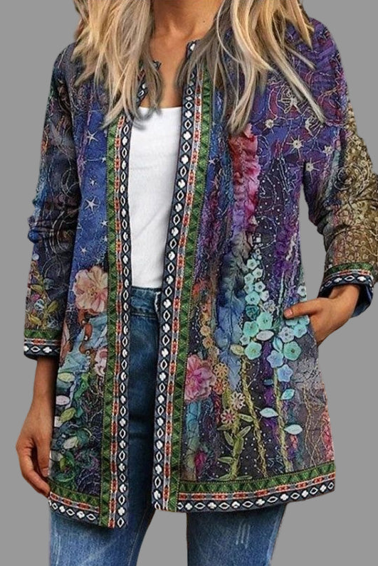 Damekardigan med blomstertrykk – Uformelt lag på lag-trykk