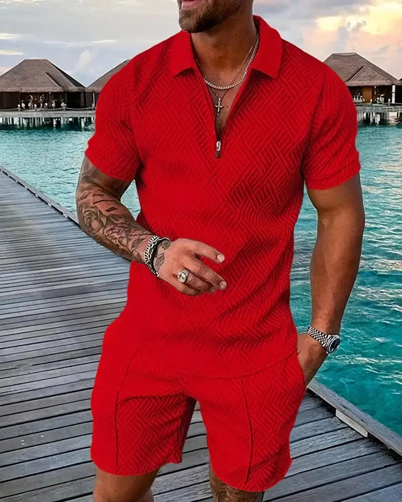 Lässiges Sommer-Trainingsanzug-Outfit mit Reißverschlusskragen