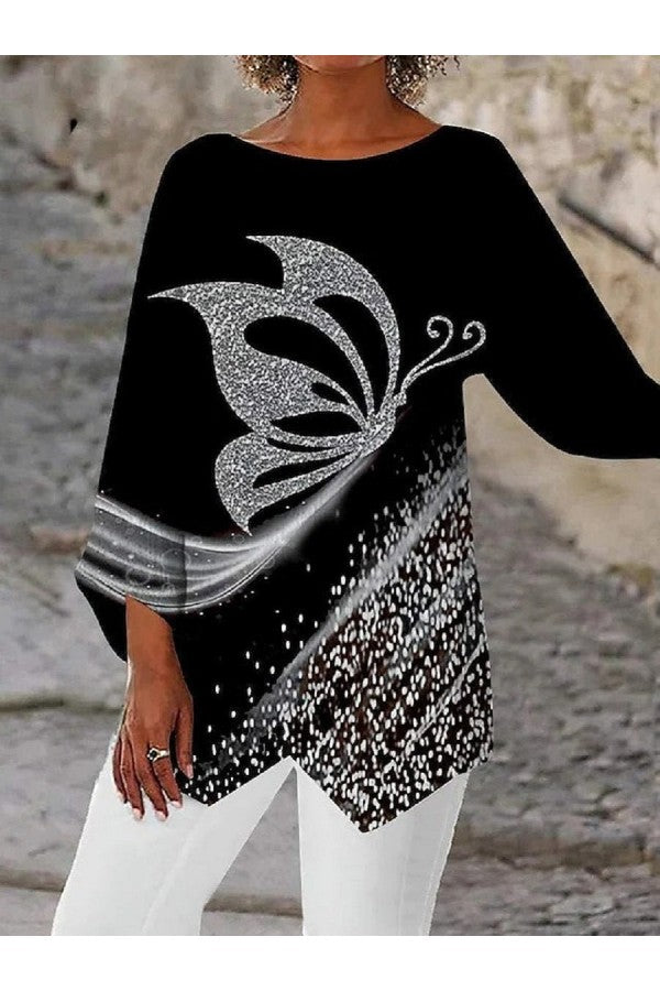 Schmetterlings-Print Bluse mit Rundhalsausschnitt und langen Ärmeln