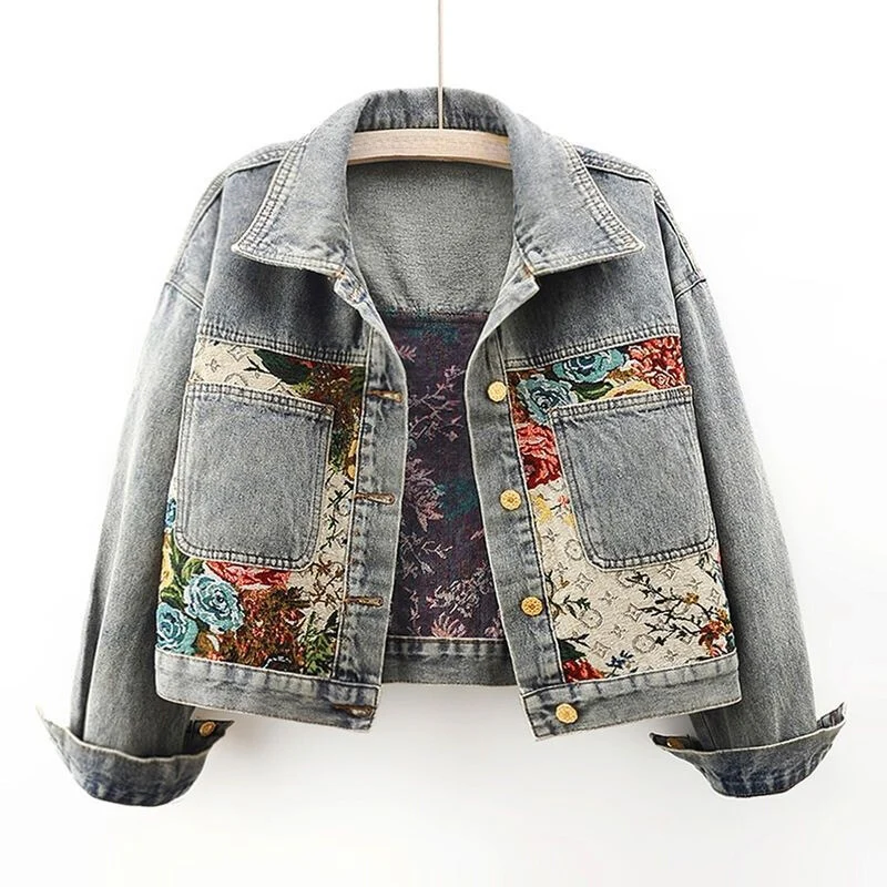 Damen-Denimjacke mit floraler Stickerei