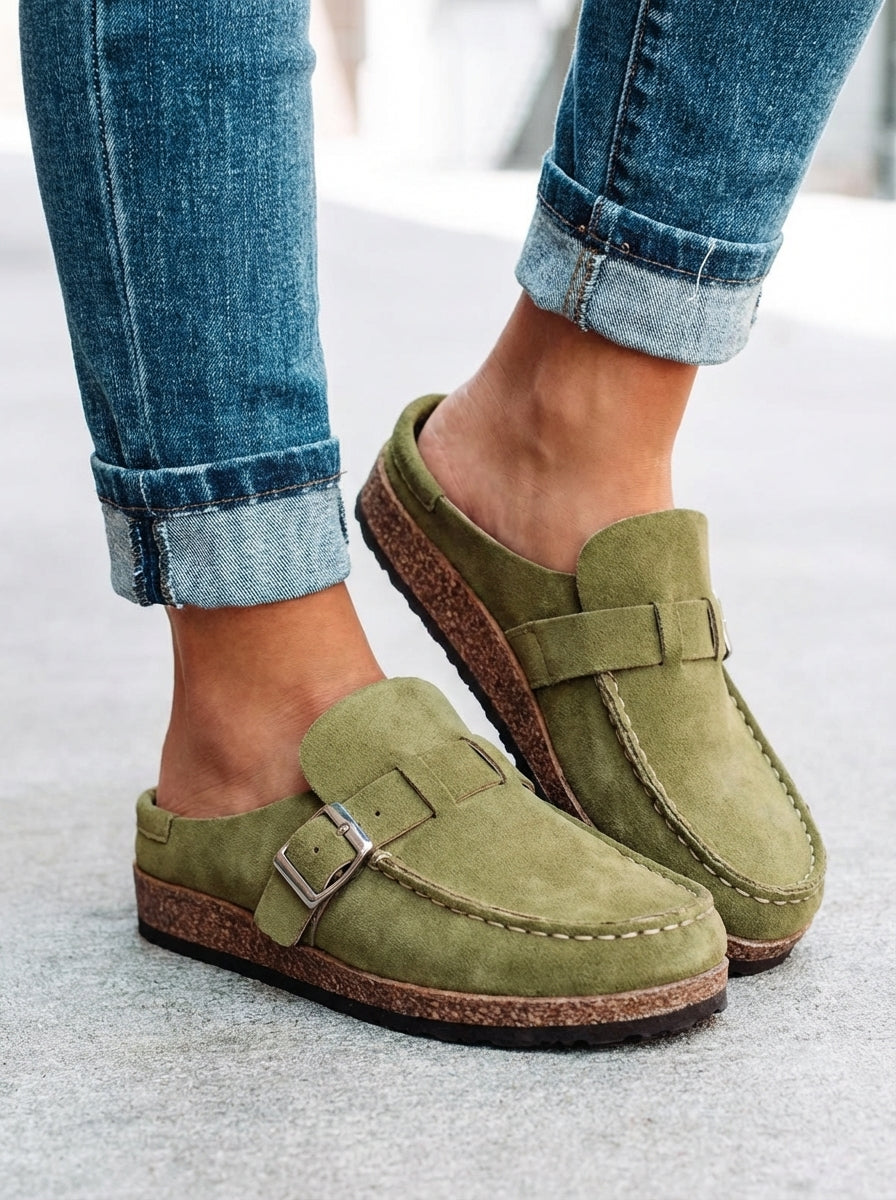 Flache Pantoletten mit Retro-Schnalle für Damen