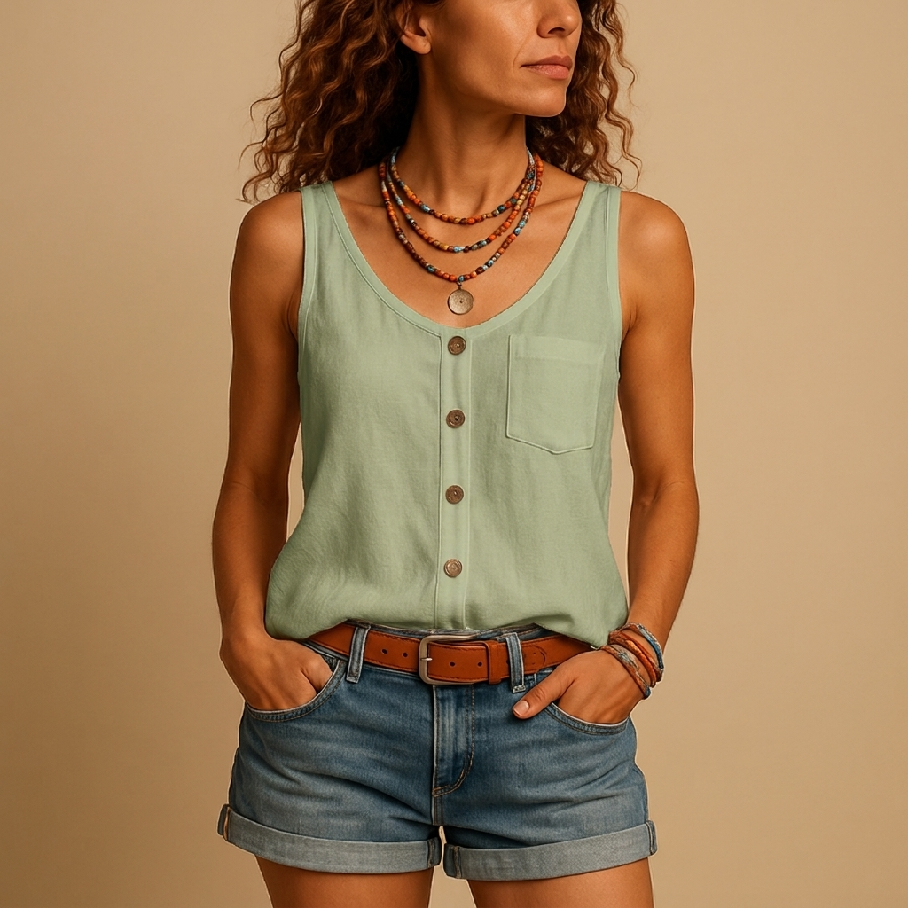 Ärmelloses, leichtes Button-Down-Oberteil